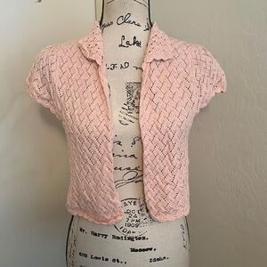 Y2K Bebe Pink Crochet Open Style Cropped Cardigan Boho Feminine Barbiecore NEW